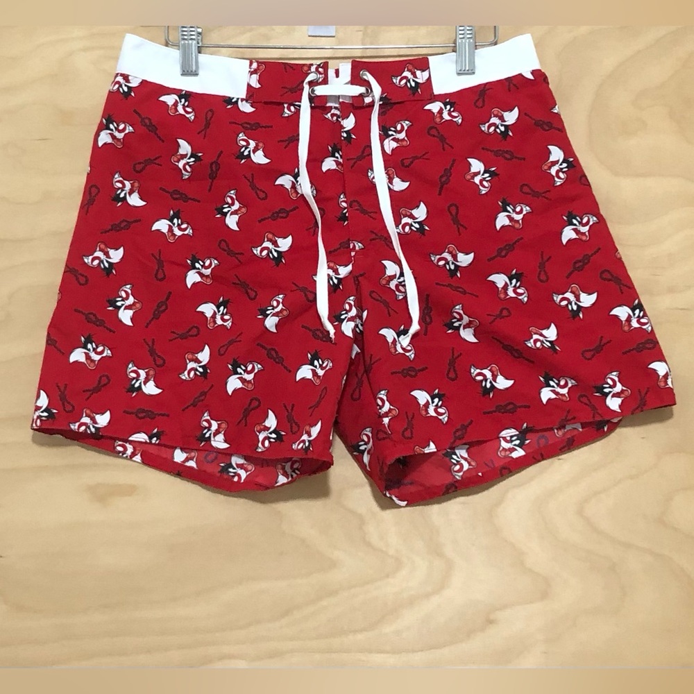 French Cuff Men's Red Characters Print Swim Trunks Mesh Lined White Trim Size M.